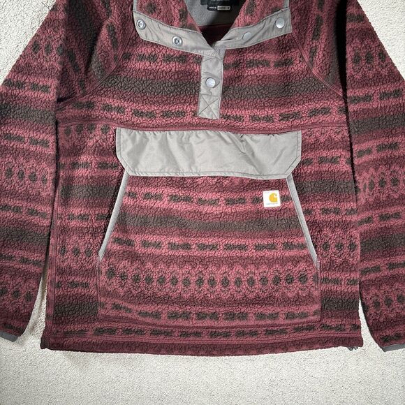 Carhartt Relaxed Fit Fleece Quarter-Snap Pullover Sz M Burgundy & Black Aztec - Picture 2 of 13
